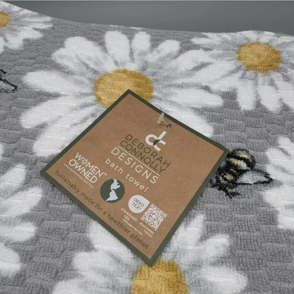 4pc Deborah Connolly Bumble Bee Bath Hand Towel Set Gray Daisy Floral Textured